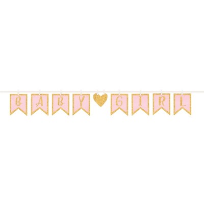 Baby Girl Pink Pennant Banner with Gold Glitter & Pegs (3.65m) Pk 1