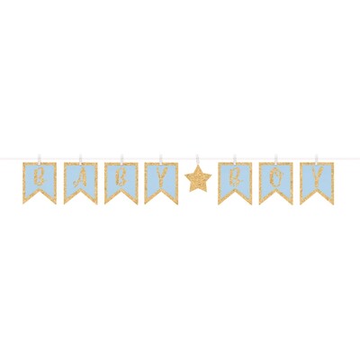 Baby Boy Blue Pennant Banner with Gold Glitter & Pegs (3.65m) Pk 1