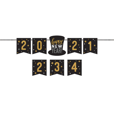 Black & Gold Happy New Year Customisable Banner Kit 1.98m (Pk 1)