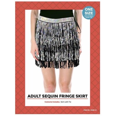 Adult Black & Silver Sequin Fringe Festival Wrap Skirt One Size