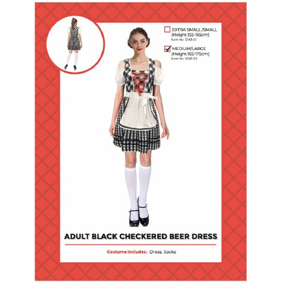 Adult Black & White Check Beer Girl Oktoberfest Costume M/L │German Dress Stockings