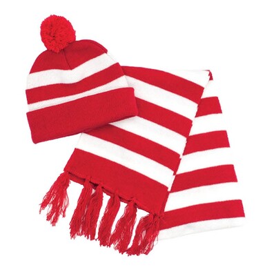 Red & White Stripe Where's Wally Beanie & Scarf Set