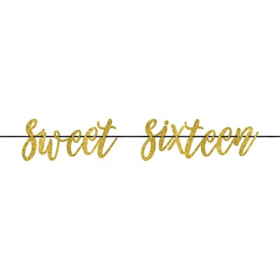 Sweet 16 Gold Glitter Letter Banner 3.65m Pk 1