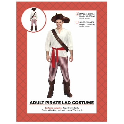 Adult Pirate Lad Costume | Mens Pirate Outfit Striped Pants Sash Fancy Dress Small/Medium