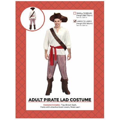 Adult Pirate Lad Costume | Mens Pirate Outfit Striped Pants Sash Fancy Dress Large/X Large