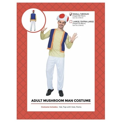 Adult Gaming Toad Mushroom Man Costume S/M
