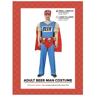 Adult Beer Man Costume S/M │Beer Superhero Jumpsuit Hat Belt Cape Mens