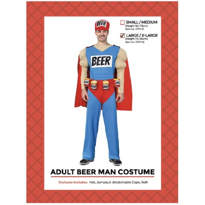 Adult Beer Man Costume L/XL │Beer Superhero Jumpsuit Hat Belt Cape Mens