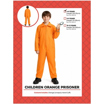 Kids Orange Prisoner Jumpsuit & Handcuffs Costume Set | Ages 4-6