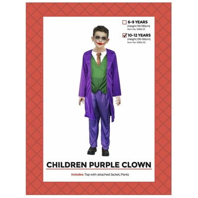 Child Purple Joking Clown Costume 10-12 Yrs