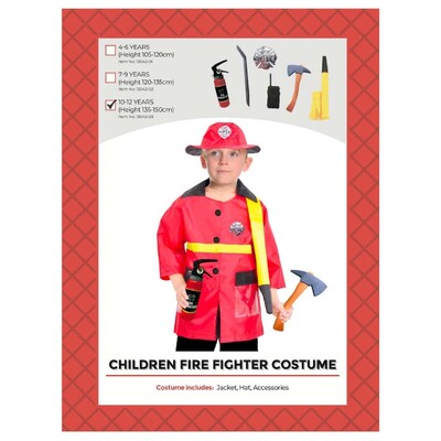 Child Fire Fighter Jacket Hat & Accessories Costume 10-12 Yrs