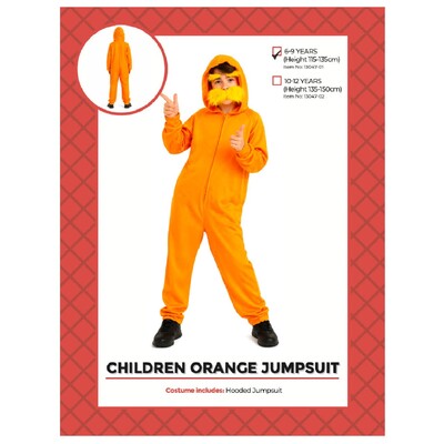 Kids Orange Jumpsuit with Attached Hood | Ages 6-9 | Costume