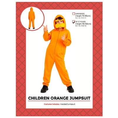 Kids Orange Jumpsuit with Attached Hood | Ages 10-12 | Costume