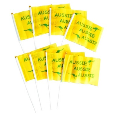 Aussie Yellow & Green Flag Wavers on Sticks Pk 8 Australia Day