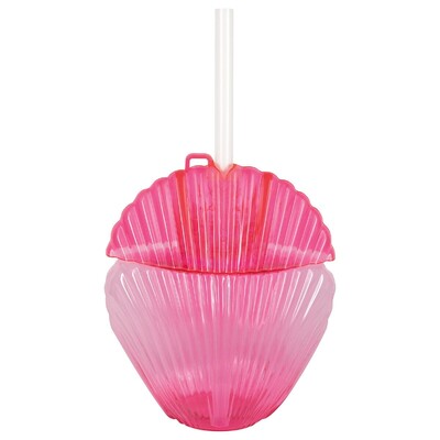Reusable Pink Plastic Shell Cup With Lid & Straw