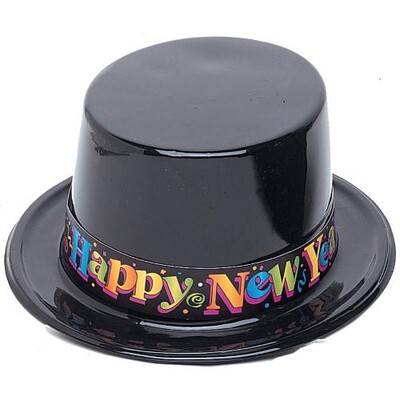 Happy New Year Plastic Black Top Hat Pk 1