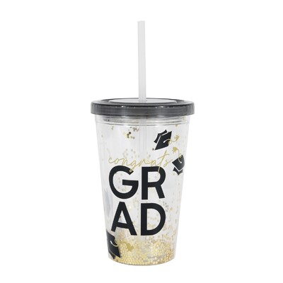 Graduation Reusable Confetti Tumbler 473ml | Congrats Grad Cup with Straw