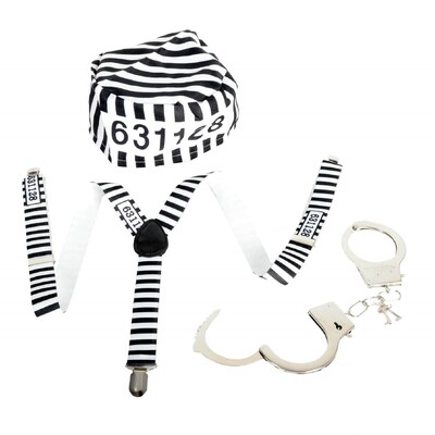Instant Prisoner Costume Kit Hat Suspenders Handcuffs Set