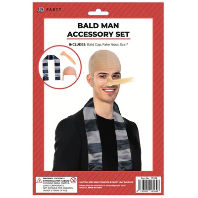 Bald Villain Costume Set | Bald Cap Nose & Black Silver Scarf Fancy Dress Kit