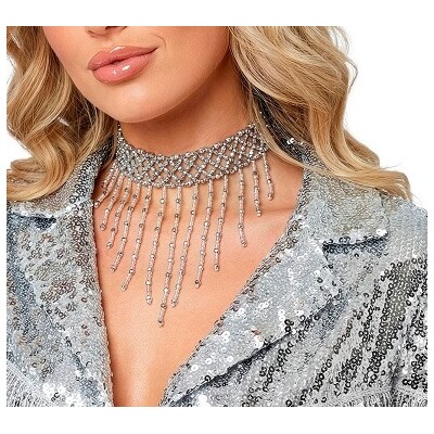 Silver Beaded Choker Necklace Glamour Burlesque Costume Accessory