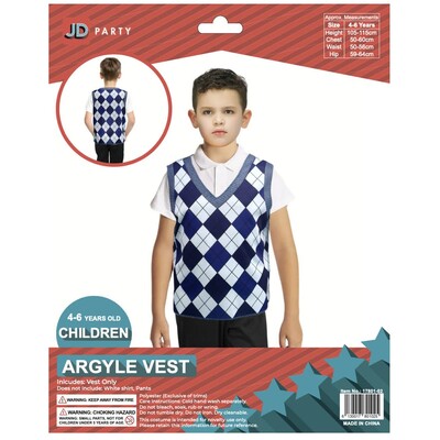 Child Grandpa Costume Blue Argyle Plaid Vest 4-6 Yrs