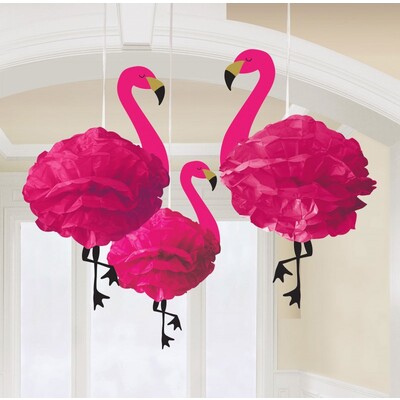 Pink Flamingo Hanging Tissue Decorations 49cm Pk 3