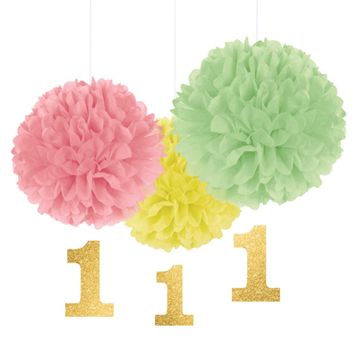 Fluffy 1st Birthday Pom Pom Decorations Pink Green Yellow (30.4cm) Pk 3
