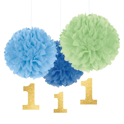 Fluffy 1st Birthday Pom Pom Decorations Blue Green (30.4cm) Pk 3