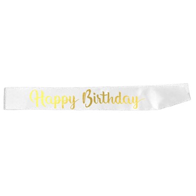 White & Gold Happy Birthday Fabric Party Sash
