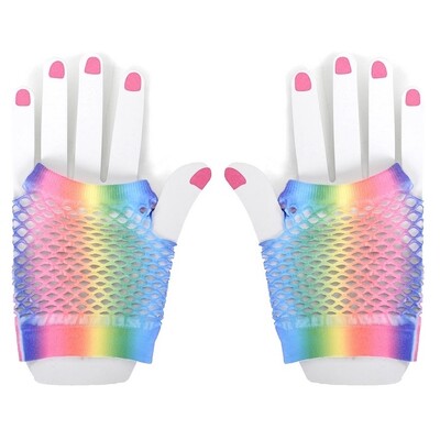 Short Rainbow Fingerless Fishnet Gloves 1 Pair