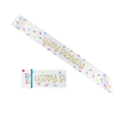 White Happy Birthday Fabric Sash - Metallic Gold Script Adult Birthday Party Accessory