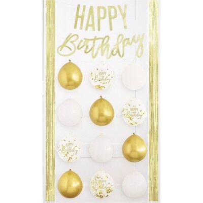 Happy Birthday Banner Hanging Decoration Kit with Balloons | Gold & White DIY Party Backdrop