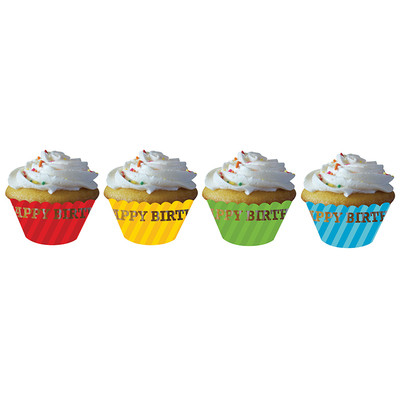 Diecut Birthday Stripes Cupcake Wraps Pk 12 (Assorted Colours)