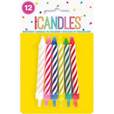 Multi Colour Spiral Cake Candles with Holders (Pk 12)