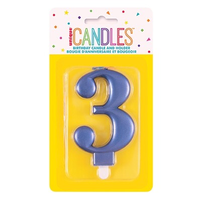 Metallic Blue Numeral Number #3 Cake Candle Pk 1