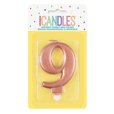 Metallic Rose Gold Numeral Number #9 Cake Candle Pk 1