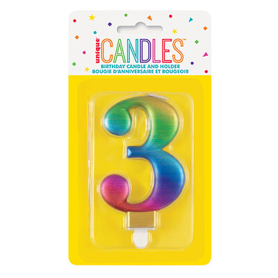Metallic Rainbow Numeral Number #3 Cake Candle Pk 1