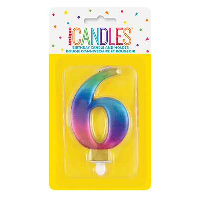 Metallic Rainbow Numeral Number #6 Cake Candle Pk 1