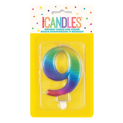Metallic Rainbow Numeral Number #9 Cake Candle Pk 1