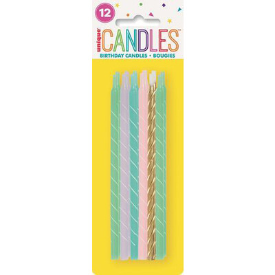 Spiral Pastel & Gold Mix Cake Candles (12cm) Pk 12 