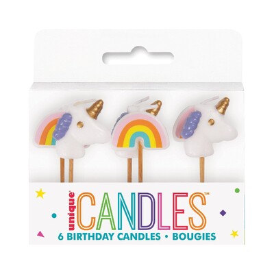 Unicorn & Rainbow Shaped Cake Candles Pk 6