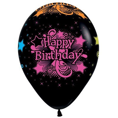 Black Happy Birthday Neon Print 12in. Latex Balloons Pk 12
