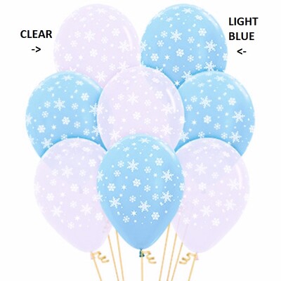 Clear & Light Blue Snowflakes Print 30cm Latex Balloons Pk 12