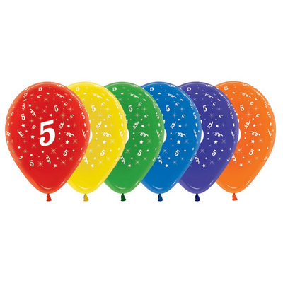 Crystal Assorted Colour Number 5 AOP Latex Balloons 30cm (Pk 10)