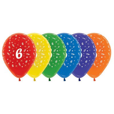 Crystal Assorted Colour Number 6 AOP Latex Balloons 30cm (Pk 10)