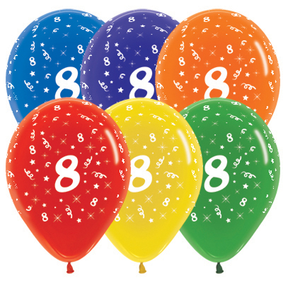 Crystal Assorted Colour Number 8 AOP Latex Balloons 30cm (Pk 10)
