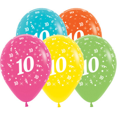 Number 10 Assorted Colour all over print 30cm Latex Balloons Pk 10