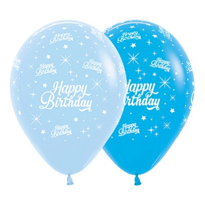 Assorted Blues AOP 30cm Happy Birthday Twinkling Stars Latex Balloons Pk 6