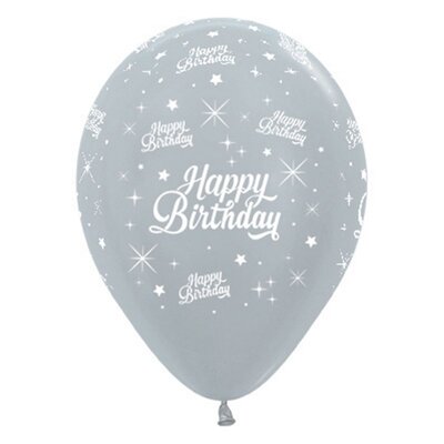 Silver 30cm AOP Happy Birthday Twinkling Stars Latex Balloons Pk 6