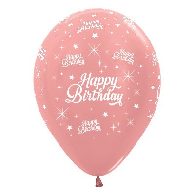 Metallic Rose Gold Happy Birthday AOP 12in. Latex Balloons Pk 6